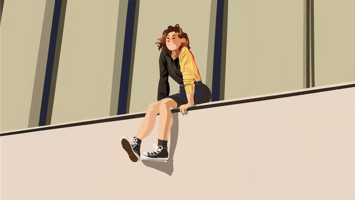 Illustration of a woman with short brown hair sitting on a ledge.