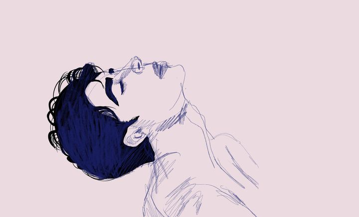 A sketch of a young man with dark hair, leaning his head back.