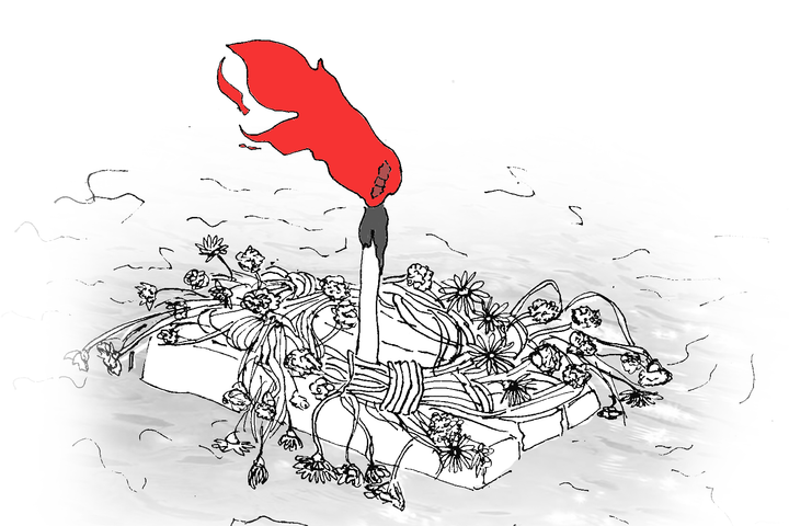 A hand-drawn ink sketch of a flower garland floating on a wooden board in water with a candle.