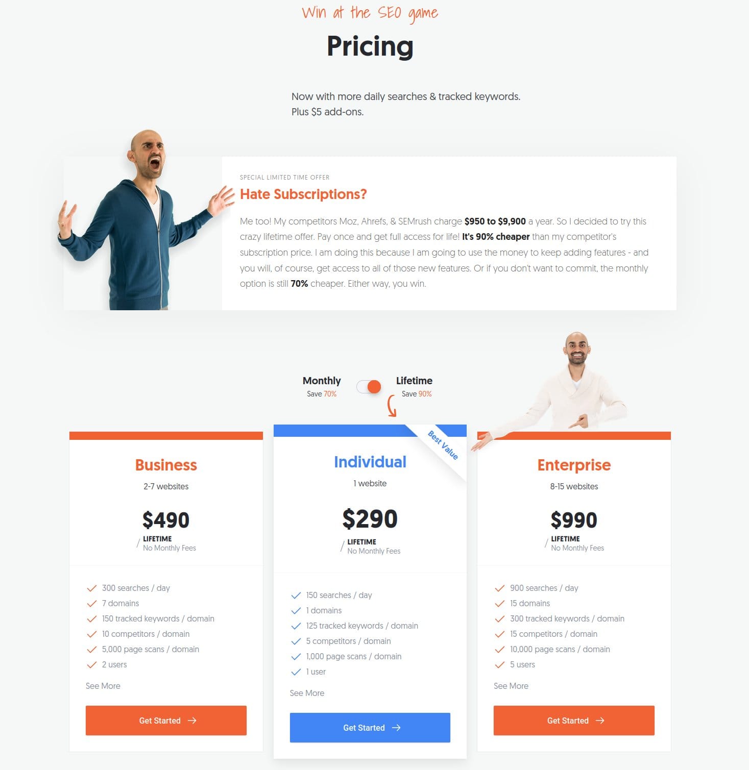 lifetime pricing page for ubersuggest