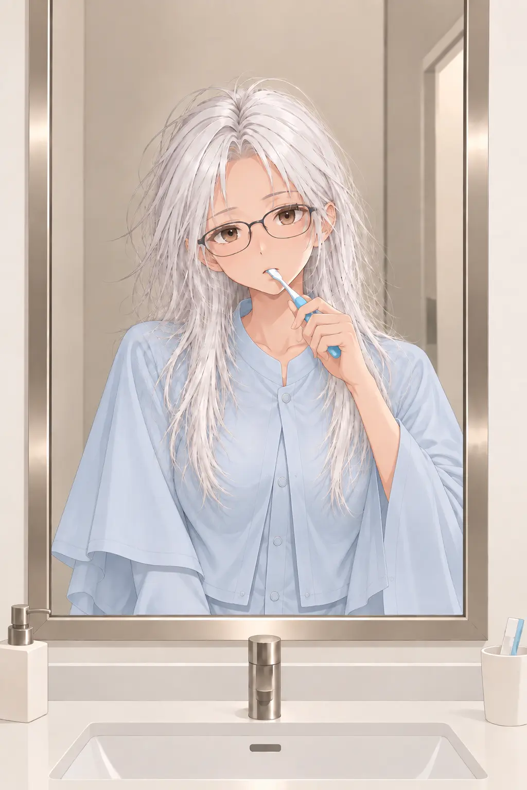 Ryuna seeing her rejuvenated reflection in the mirror