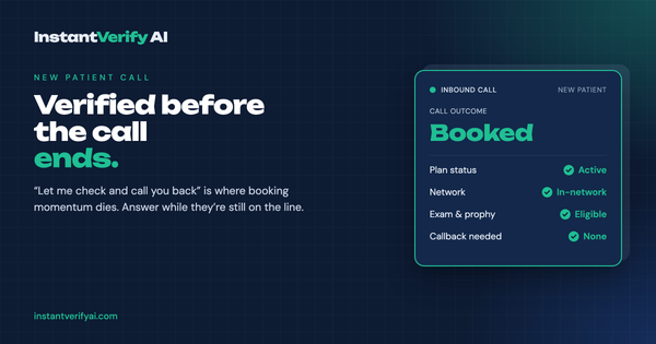 Two booking timelines side by side — one where insurance is confirmed during the call and the appointment is booked, and one where the office promises a callback and the patient drops off.