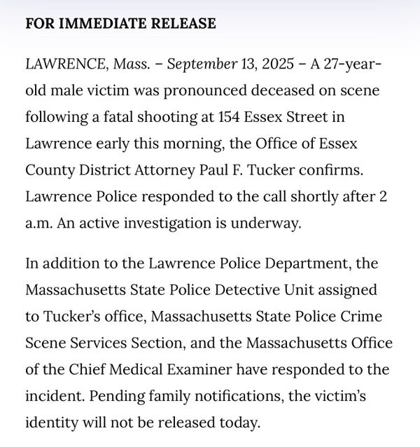 Essex County District Attorney Confirms Fatal Shooting in Lawrence