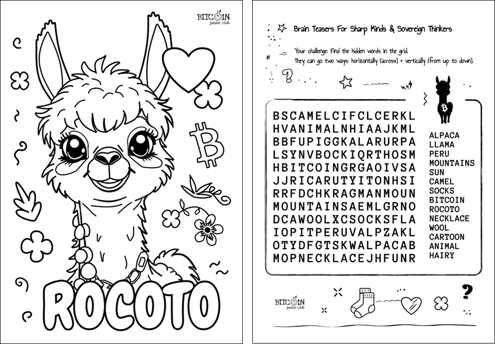 Bitcoin working sheets for kids - Rocoto the alpaca