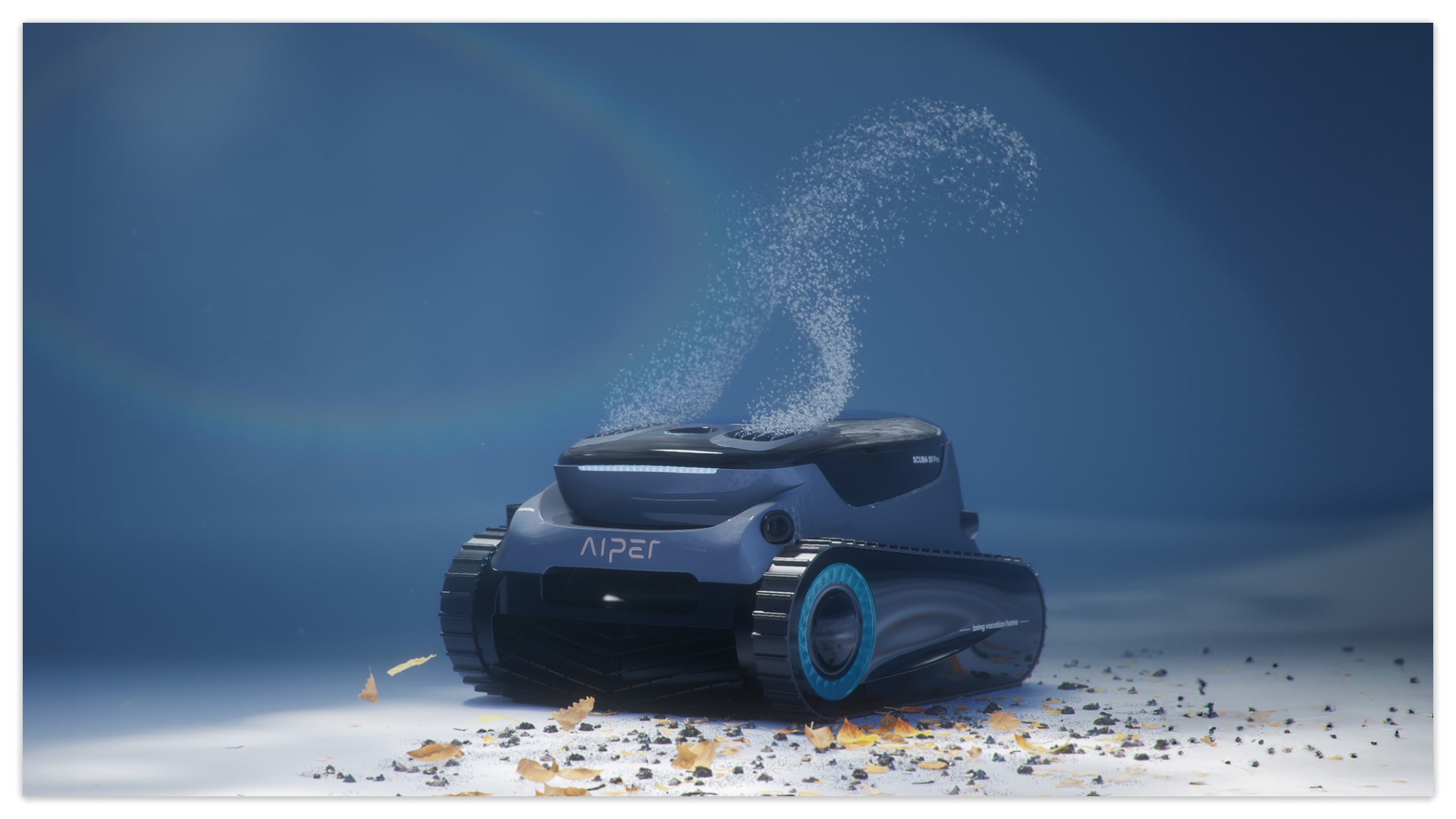 The Aiper pool cleaner is vacuuming debris on the pool floor