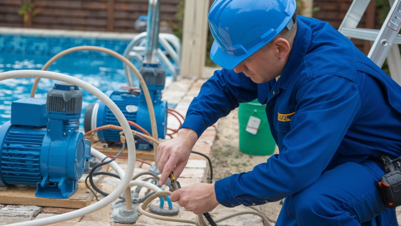 Electrician inspecting pool's grounding wires for safety compliance
