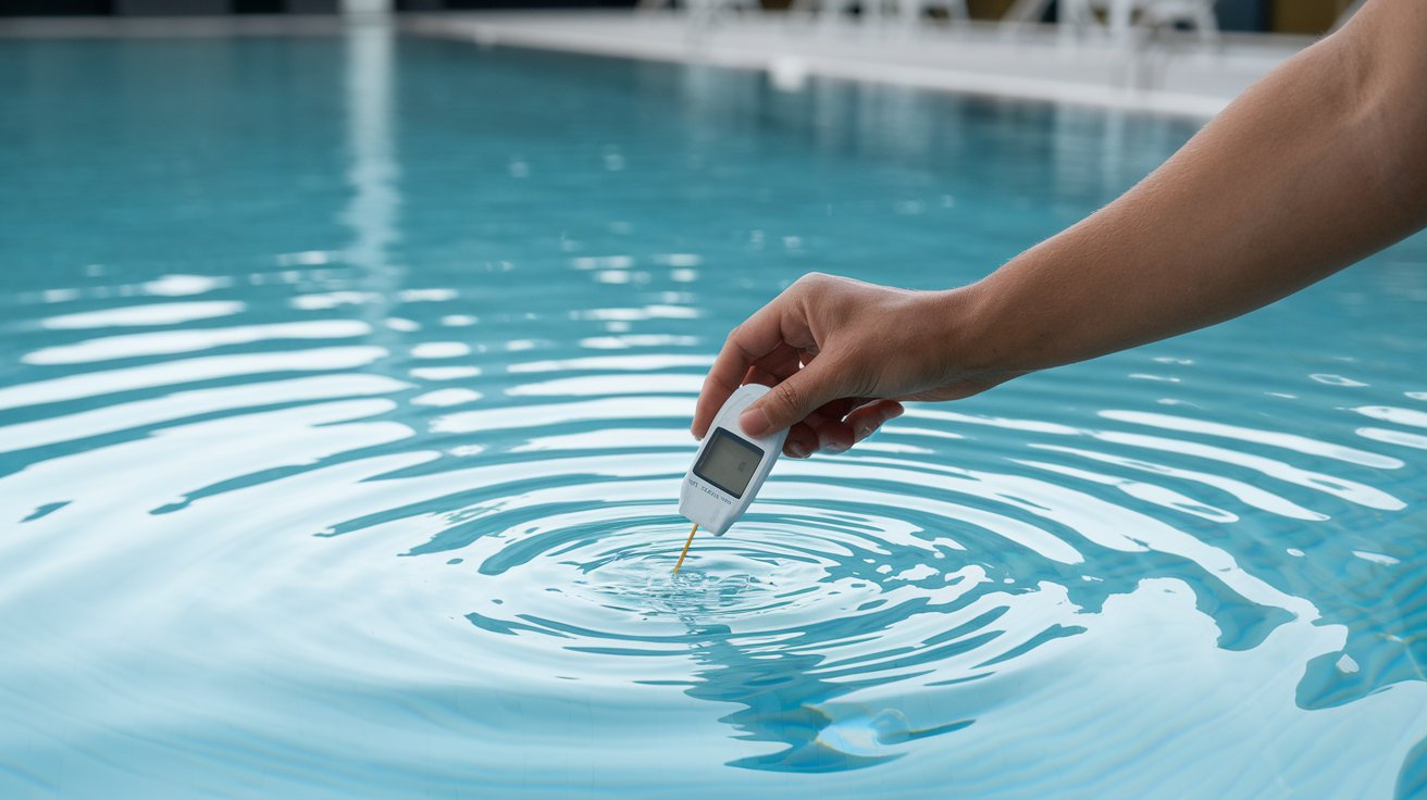 Hand holding a pH meter in pool water to test pH level.