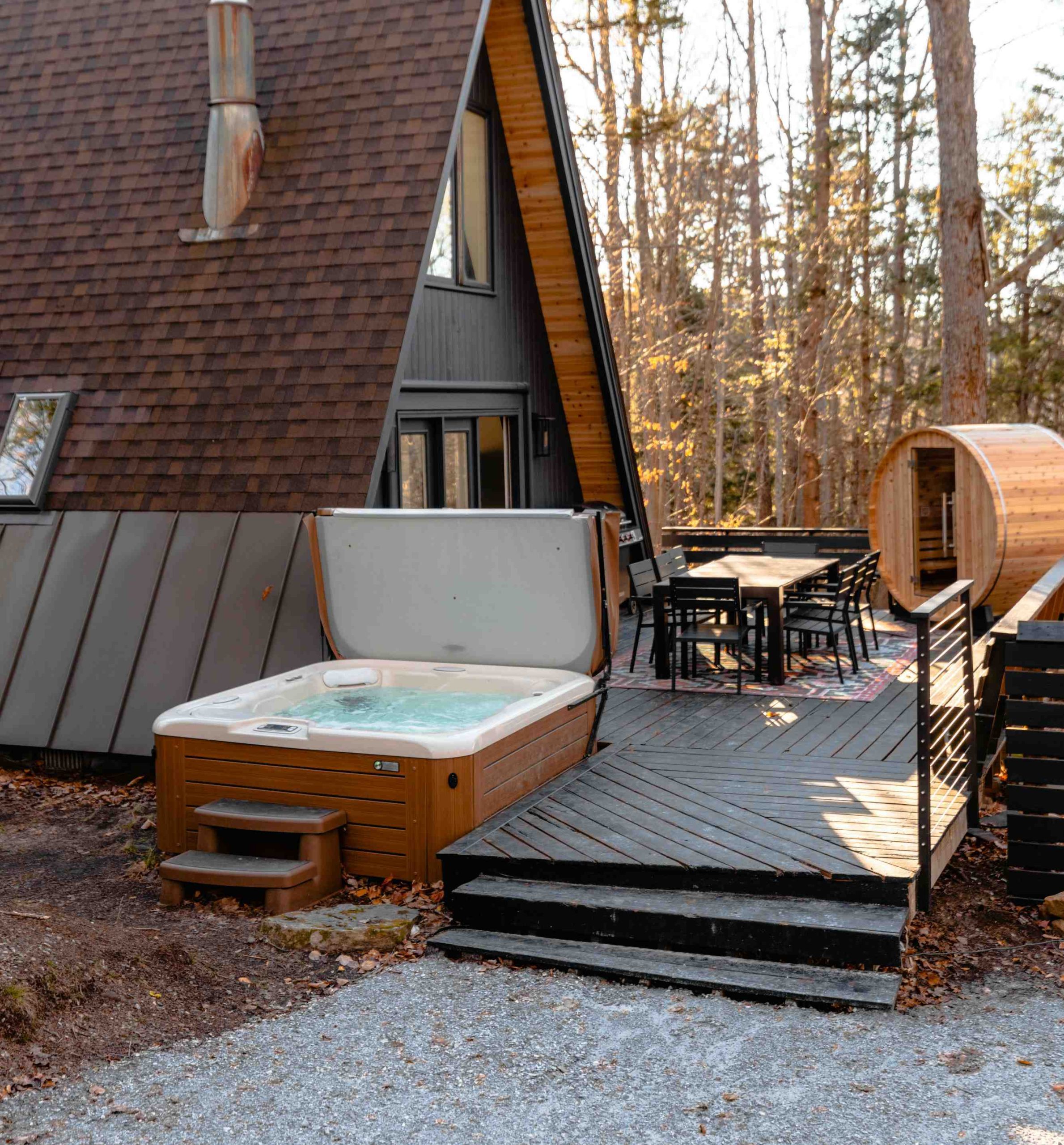 Multi-Level Wooden Deck Hot Tub.