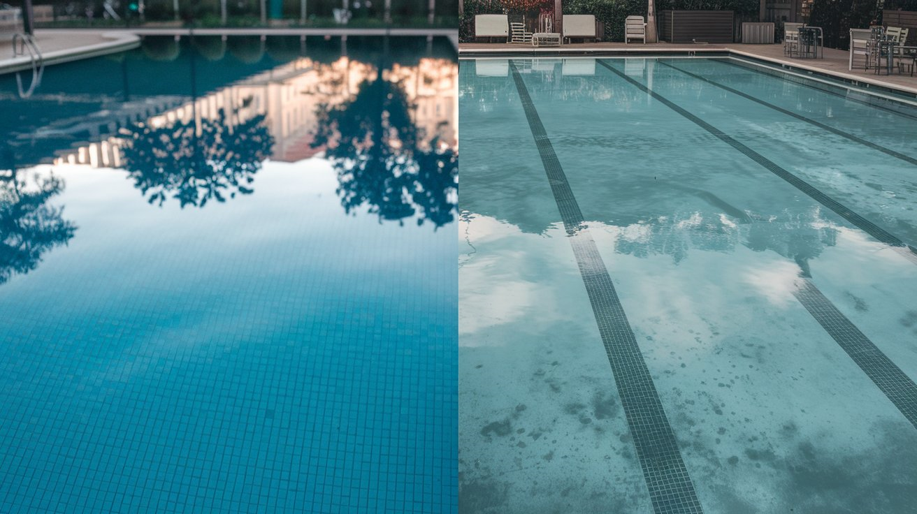 Comparison of clear and cloudy pool water due to pH levels.