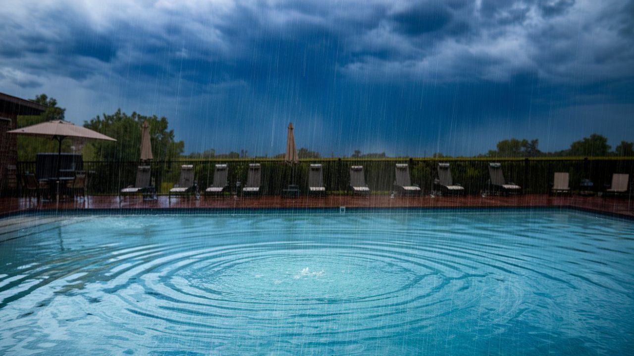 Pool water during a storm, showing the need for pool water testing.
