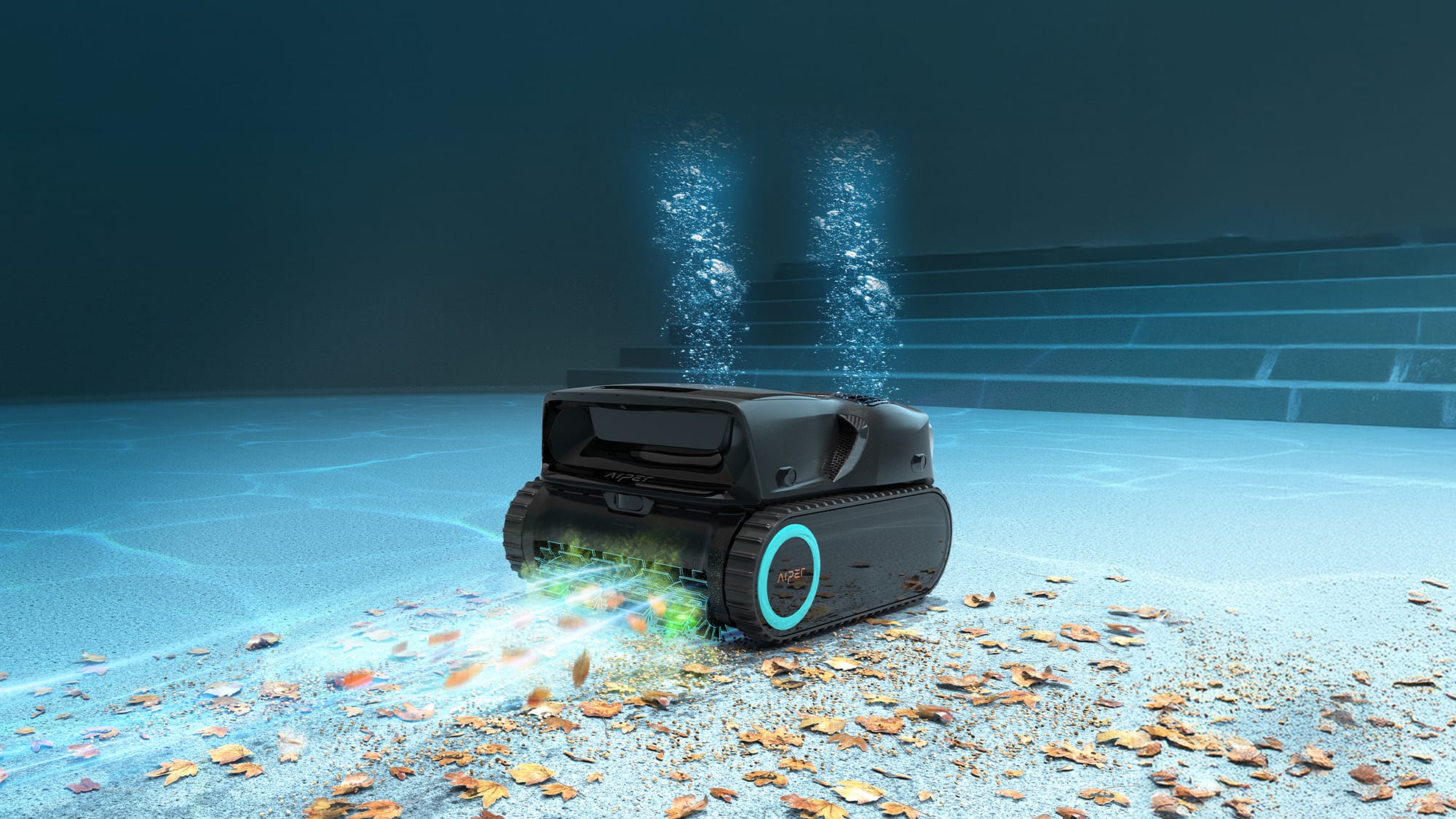 The pool cleaner is cleaning the pool floor with its powerful suction