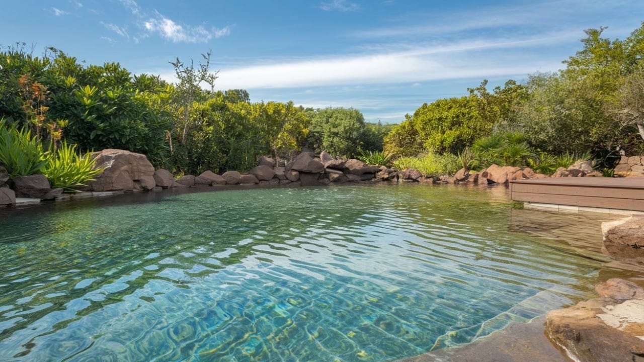 A natural-looking eco-friendly pool with clear water, surrounded by large rocks and vibrant green bushes under a blue sky.