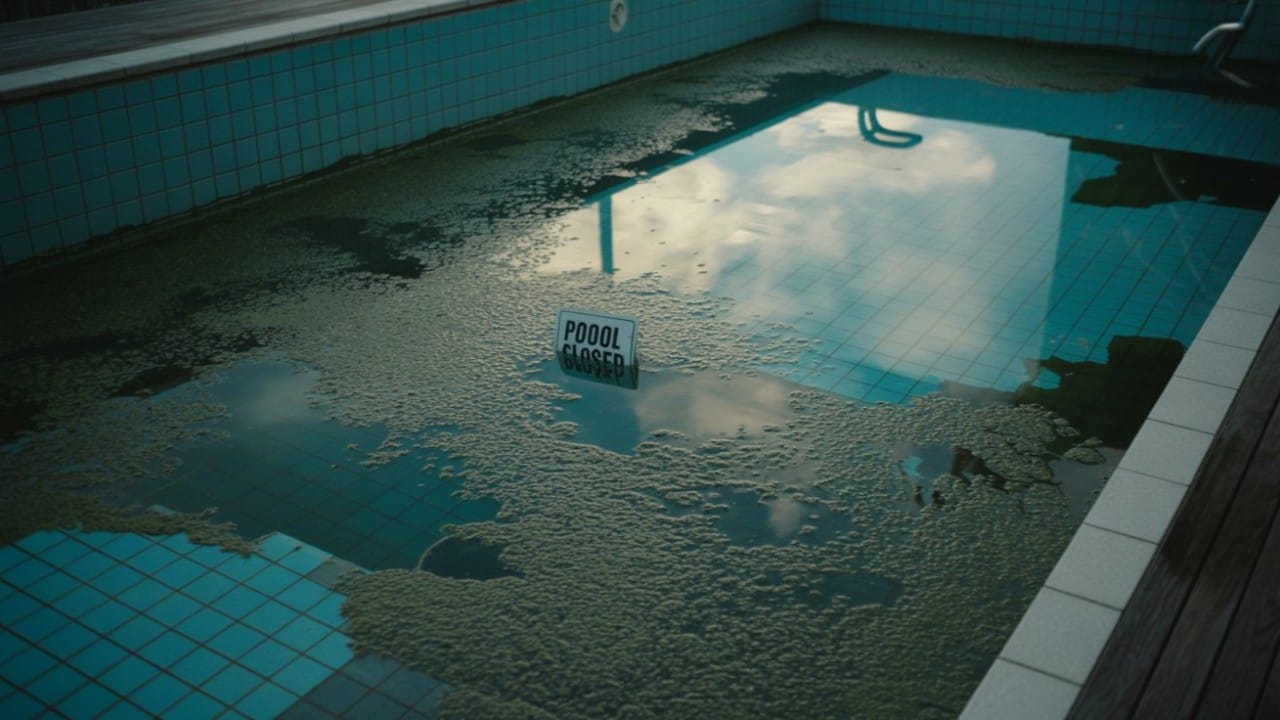 a pool with black algae closed