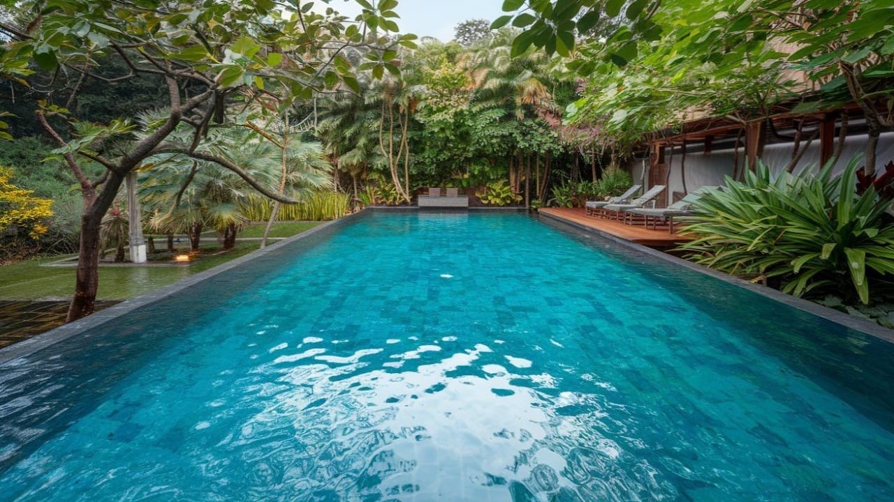 A beautiful, well-maintained backyard with a clean swimming pool, ready for the summer season.