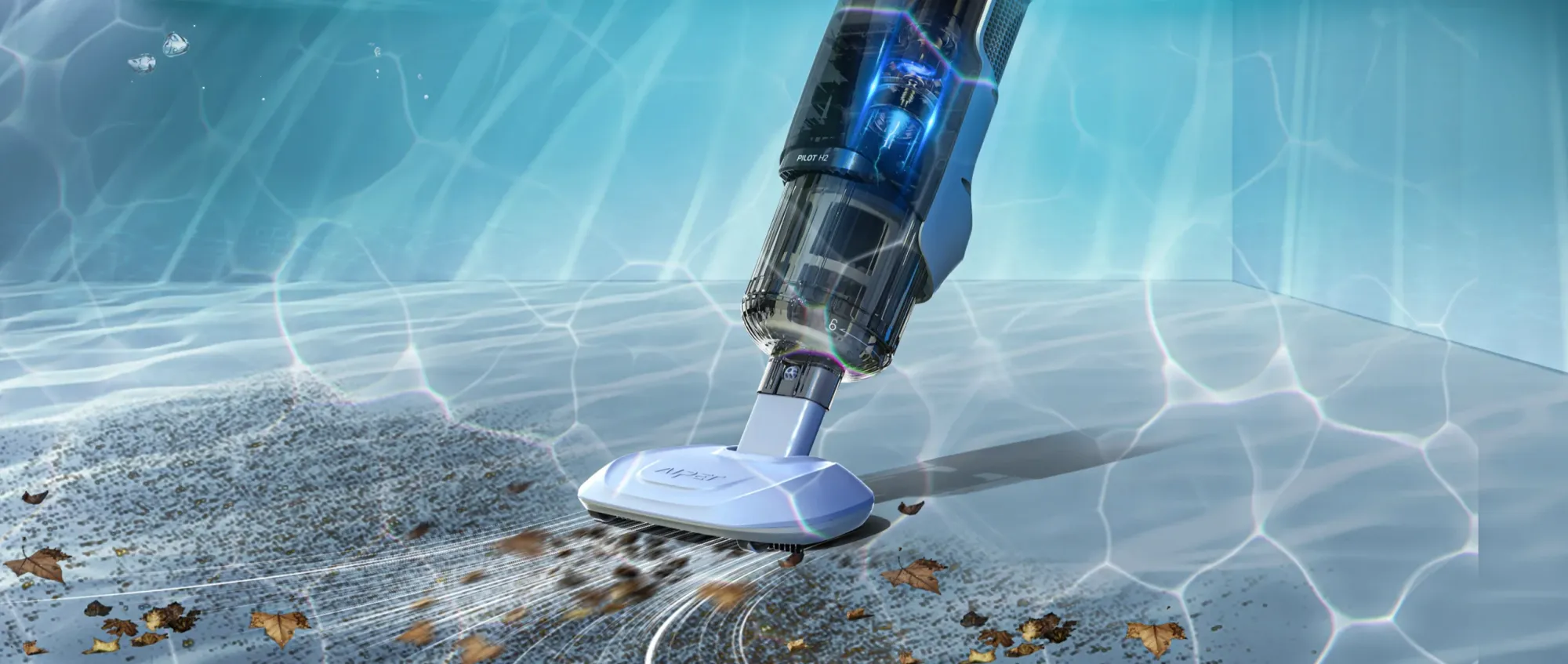 a handheld pool vacuum cleaning the dust, sand, and leaves from the bottom of the pool