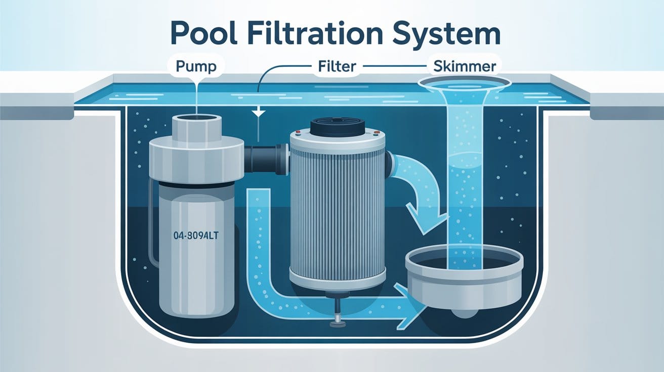 Diagram of an in-ground pool filtration system including pump, skimmer, and filter.