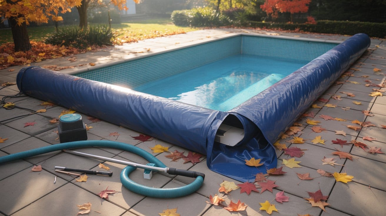 In-ground pool with rolled blue cover and cleaning tools during autumn winterization, amid fallen leaves