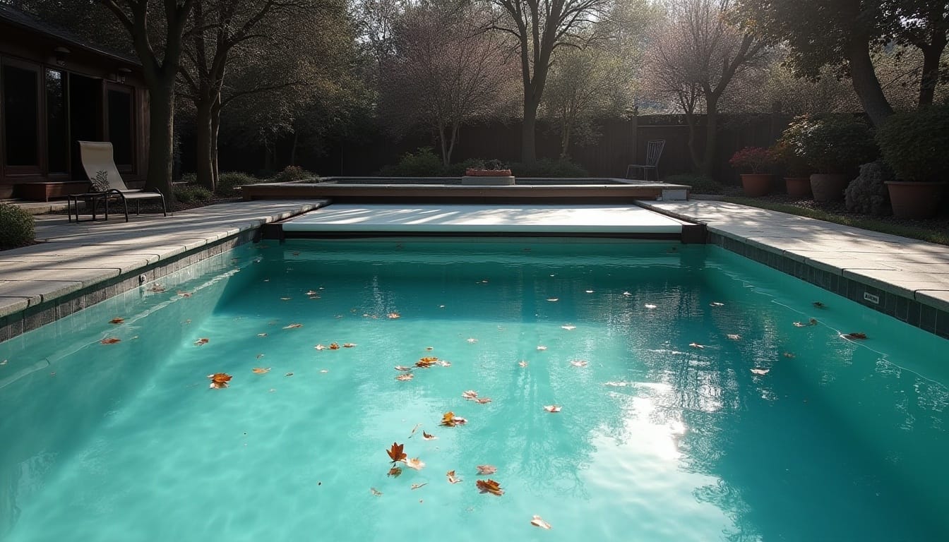 The pool cover got stuck due to a mechanical failure during the automatic opening process, and the leaves fell onto the water surface.