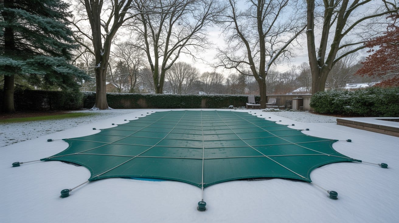 In-ground pool secured with green winter cover in snowy landscape, demonstrating effective pool winterization.