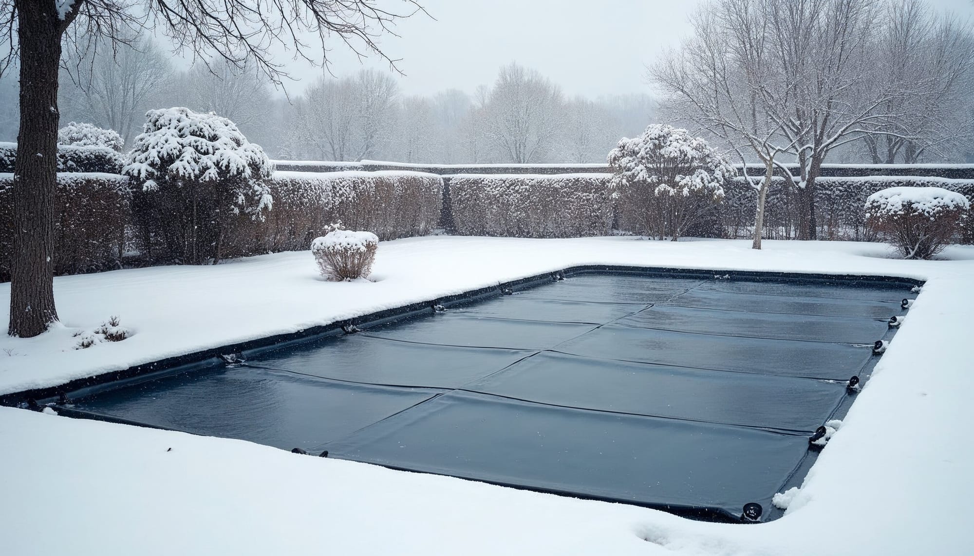 A pool with a dark cover, surrounded by a snow-covered yard and trees, showing the importance of a durable winter pool cover.