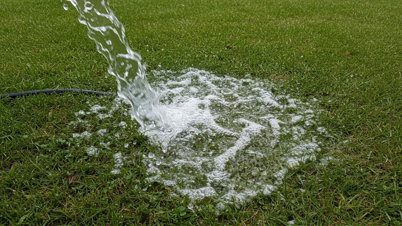 Water being discharged from a backwash hose onto a lawn.