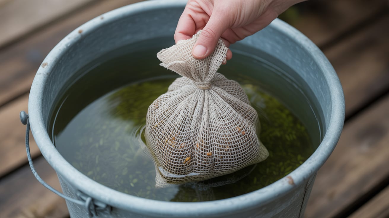 Grass seeds in a mesh bag submerged in a bucket of water for pre-germination.