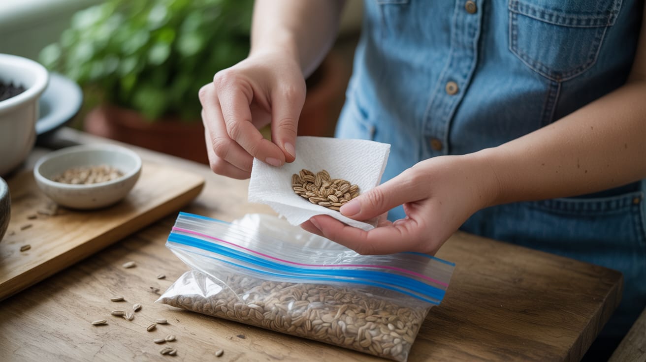 Wrapping grass seeds in a damp paper towel to begin pre-germination.