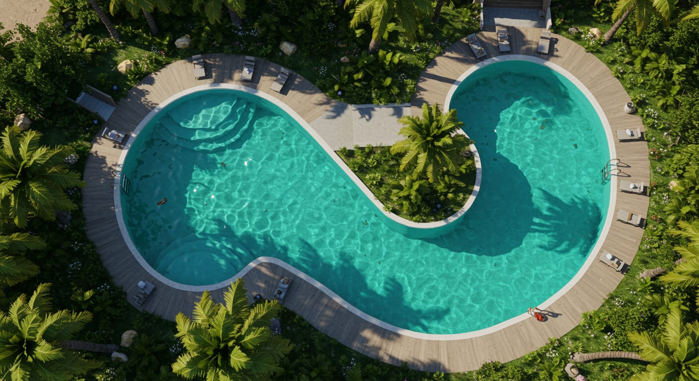 An aerial view of a tropical swimming pool shaped like a peanut with a palm tree on a center island.
