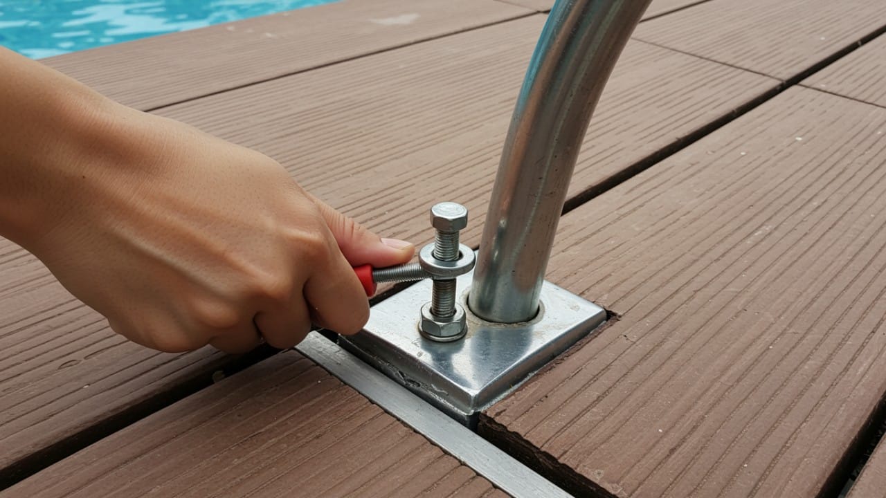 A hand uses a wrench to tighten an anchor bolt on a pool ladder, which is an important safety check when cleaning pool steps and ladders.