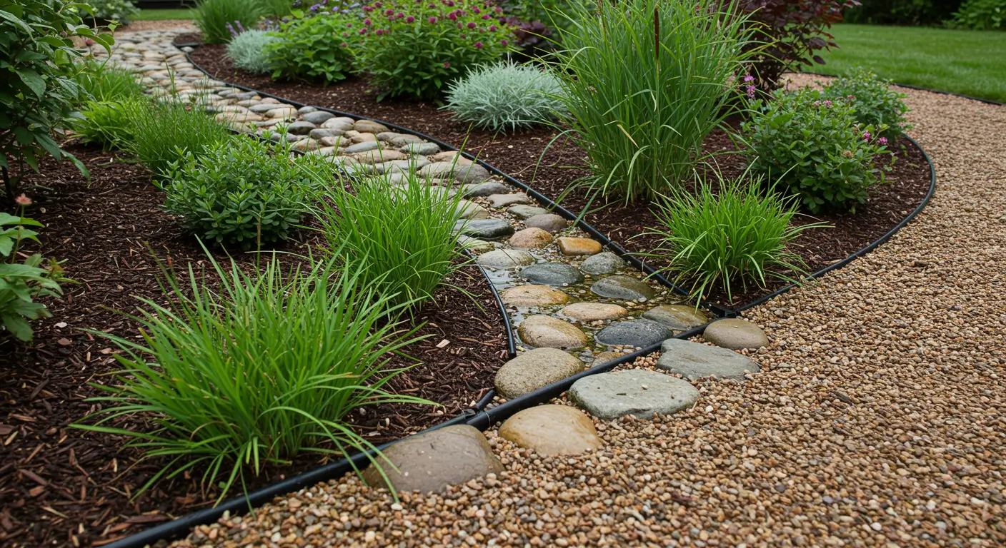 Close-up of gravel inlet and zoned native plants in poolside rain garden basin.
