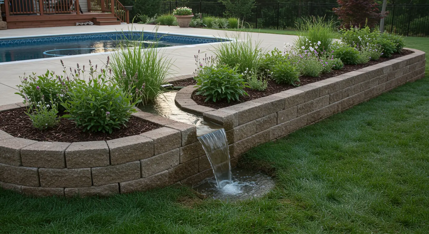 Overflow weir directing water safely in integrated backyard rain garden near pool.