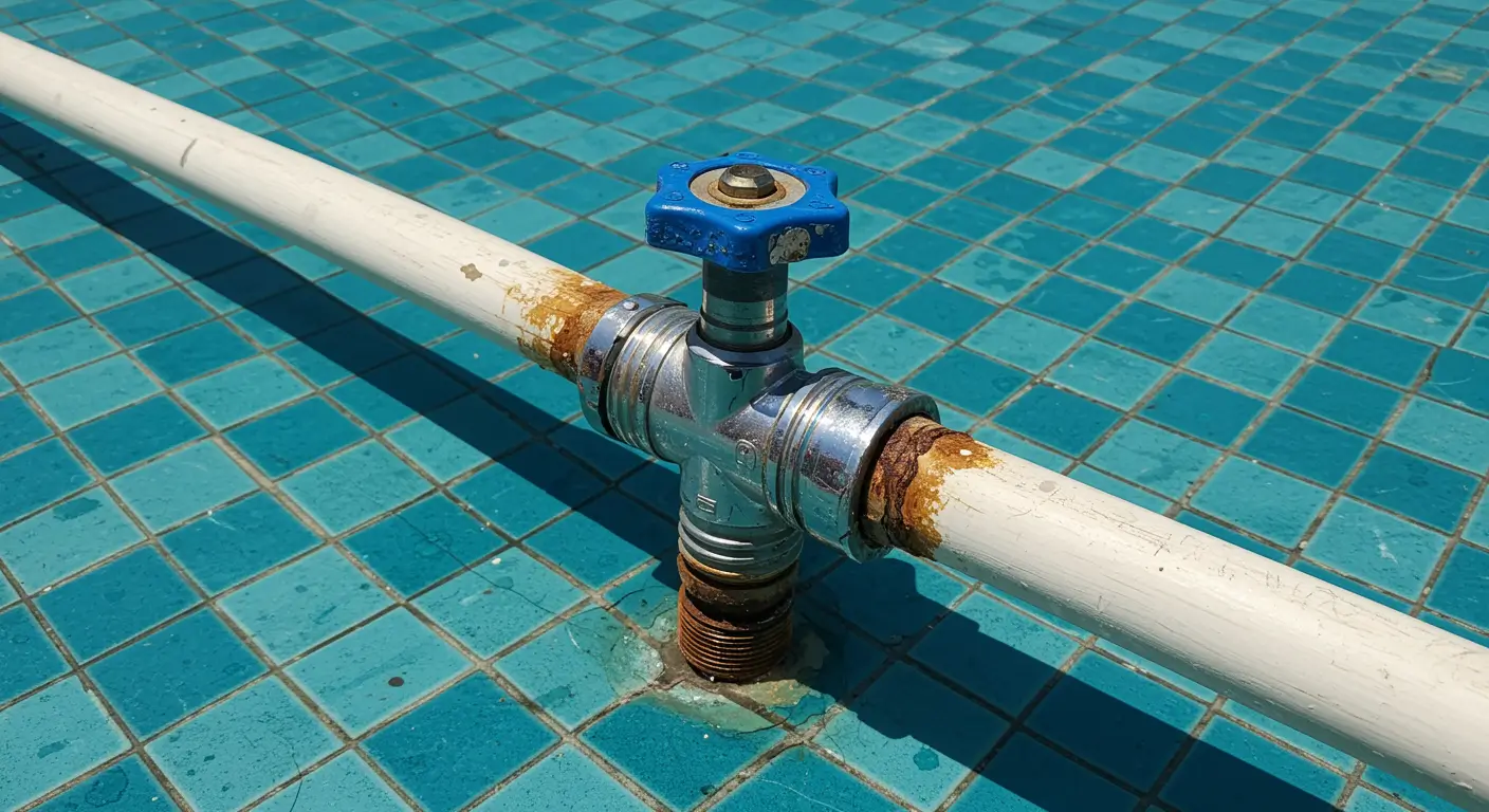 Severely corroded metal pipe fitting on a pool, a common problem caused by low total alkalinity and unstable pH.