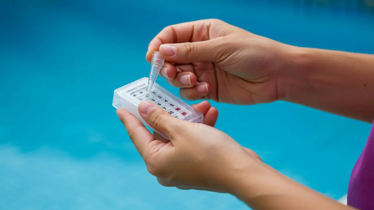 A person's hands performing a liquid drop test to check a pool's water chemistry and total alkalinity.