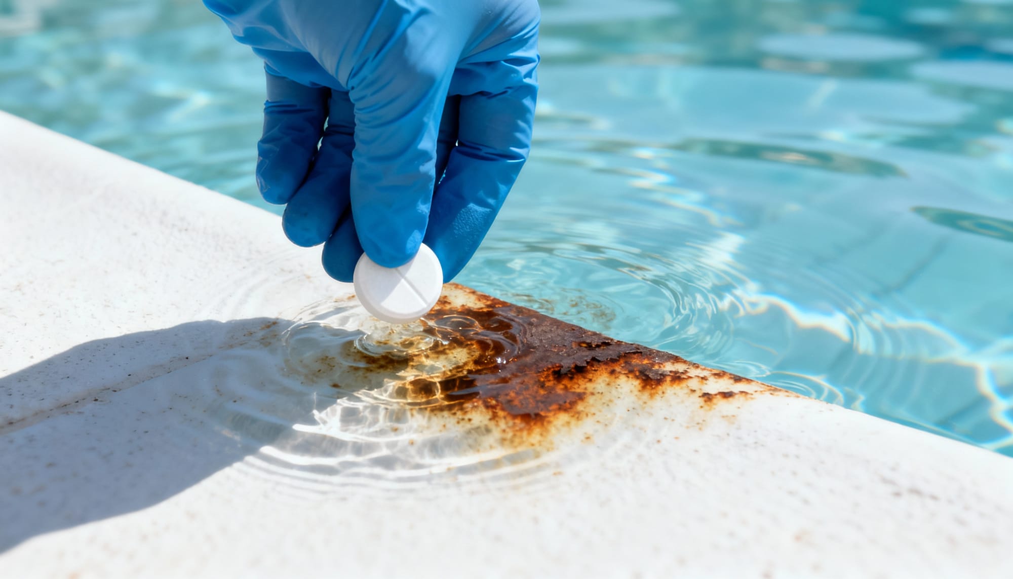 A gloved hand places a Vitamin C tablet directly onto a rust stain for the Ascorbic Acid method.