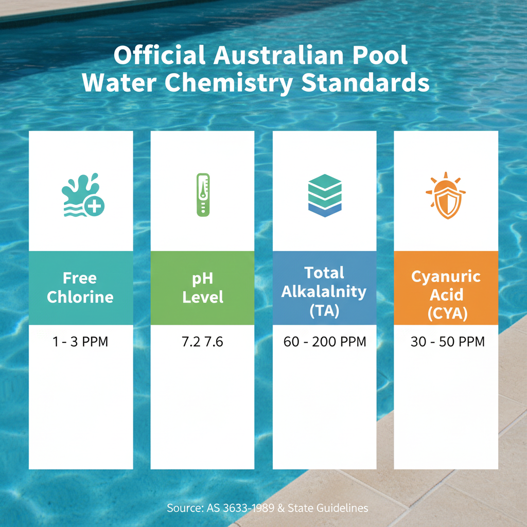 Infographic outlining Official Australian Pool Water Chemistry Standards, showing ideal PPM ranges for Free Chlorine, pH Level, Total Alkalinity (TA), and Cyanuric Acid (CYA).