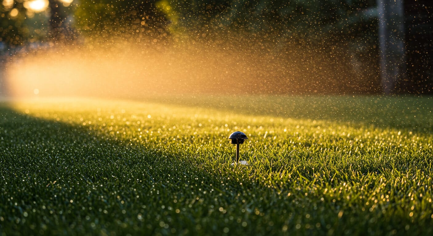 Close-up of a pop-up sprinkler watering a lush green lawn during the soft light of early morning hours.