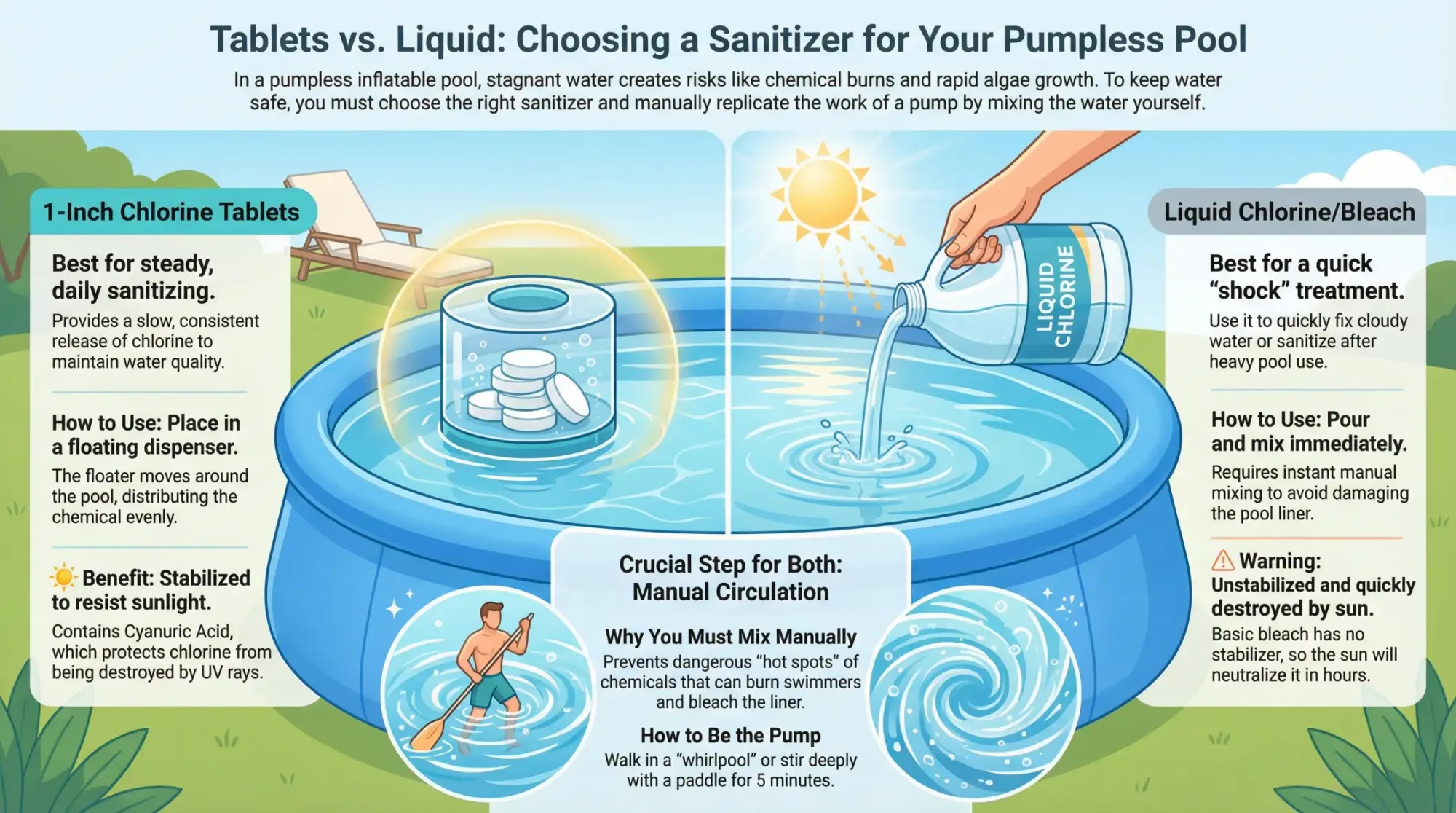 Comparison infographic showing how to use 1-inch chlorine tablets versus liquid chlorine with manual circulation in a pump-less inflatable pool.