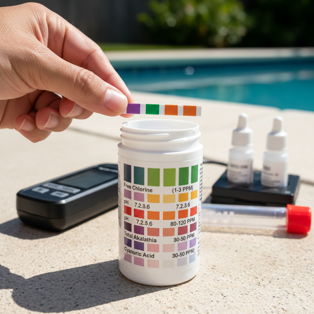 A hand holding a pool test strip, comparing its colors to the reference chart on a container showing PPM ranges for free chlorine, pH, TA, and CYA.