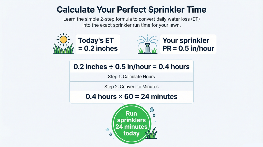 Infographic showing the formula to convert daily evapotranspiration rates into exact sprinkler run times.