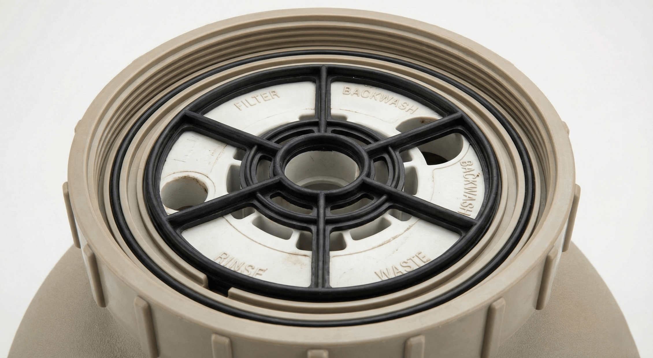 New black spider gasket properly seated in multiport valve lid with labeled ports including Filter, Backwash, Rinse, and Waste.