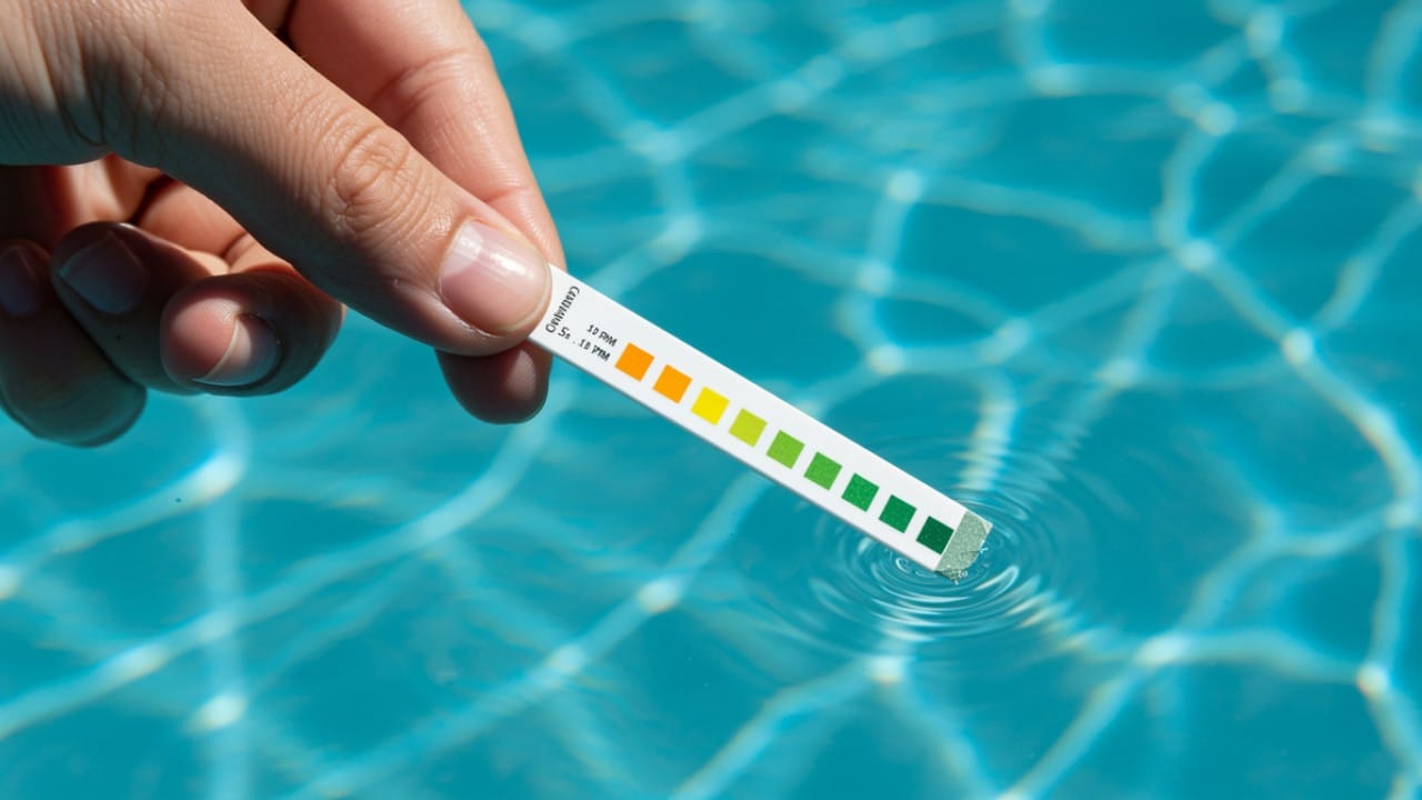Checking pool water with a test strip to ensure chlorine levels have dropped before adding algaecide.