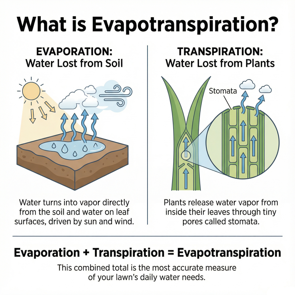 A diagram explaining what is evapotranspiration by comparing soil evaporation and plant transpiration.