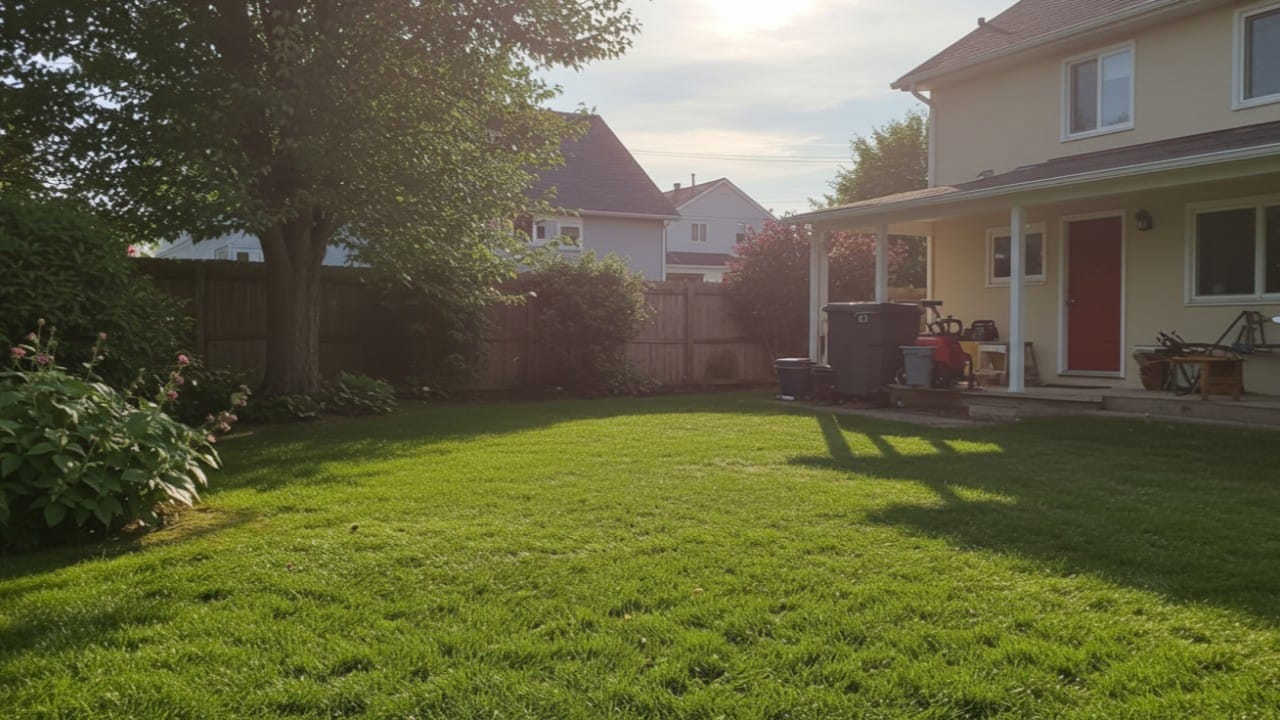 A suburban backyard with mixed shade and sun areas requiring different watering zones for plant health.
