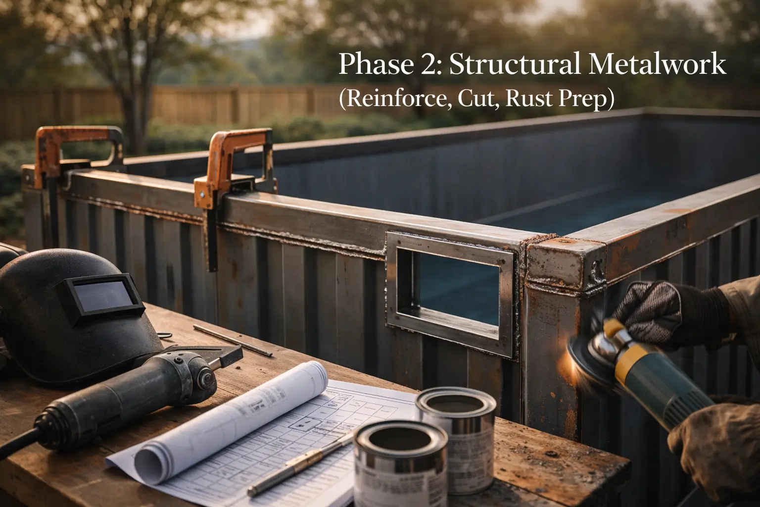 Welding equipment and steel reinforcement clamps on a shipping container pool frame to prevent bowing.