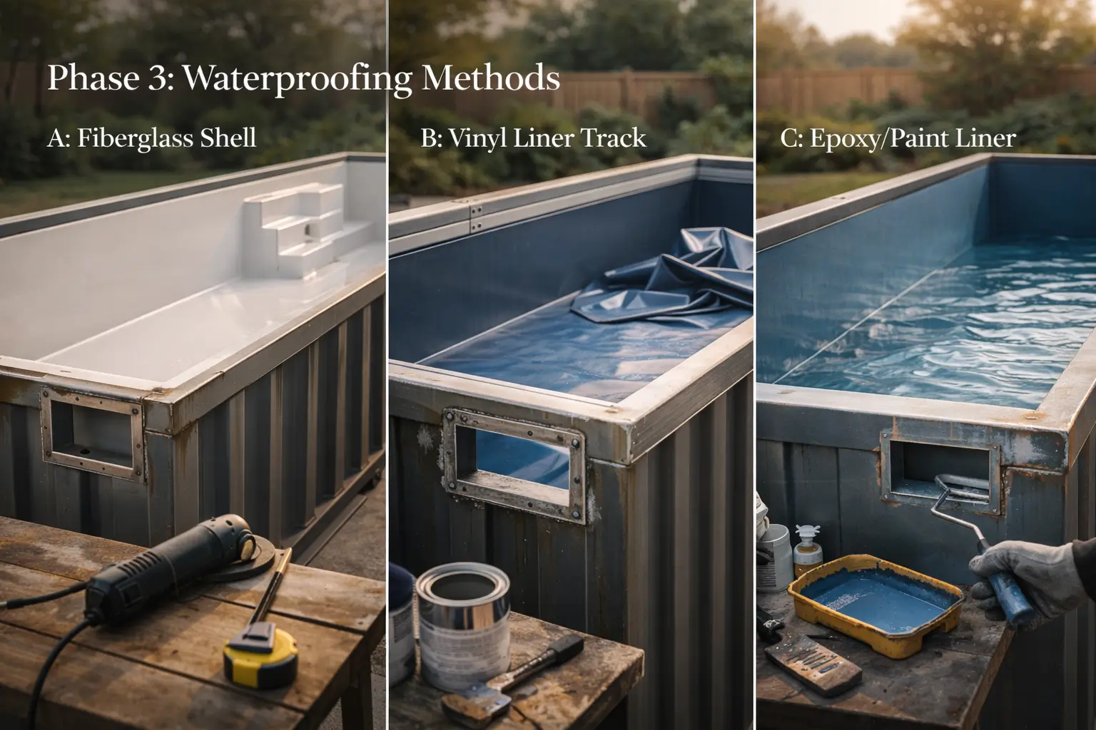 Comparison of fiberglass, vinyl liner, and epoxy waterproofing methods for shipping container pools.