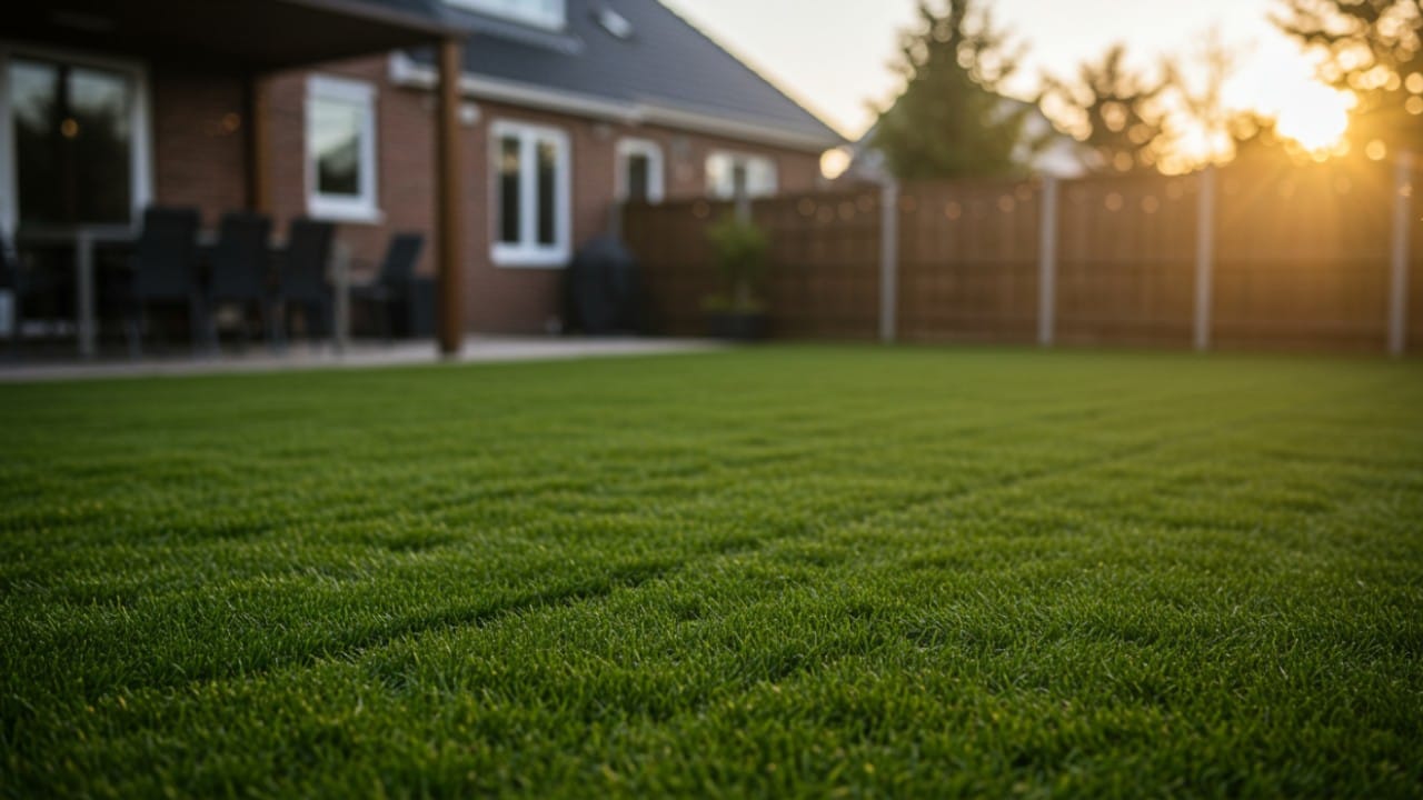 A lush, freshly manicured green lawn at sunset showcasing the results of consistent smart irrigation.