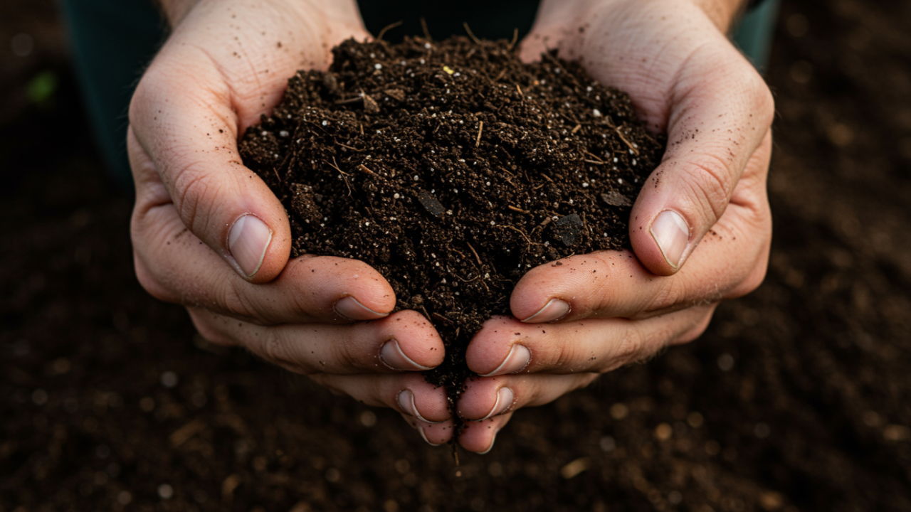A gardener's hands holding rich, dark, and crumbly soil that is aerated and teeming with beneficial microbes.