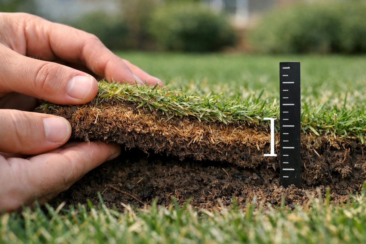 Close-up of a turf wedge revealing a thick thatch layer—clear signs you may need lawn dethatching to remove thatch.