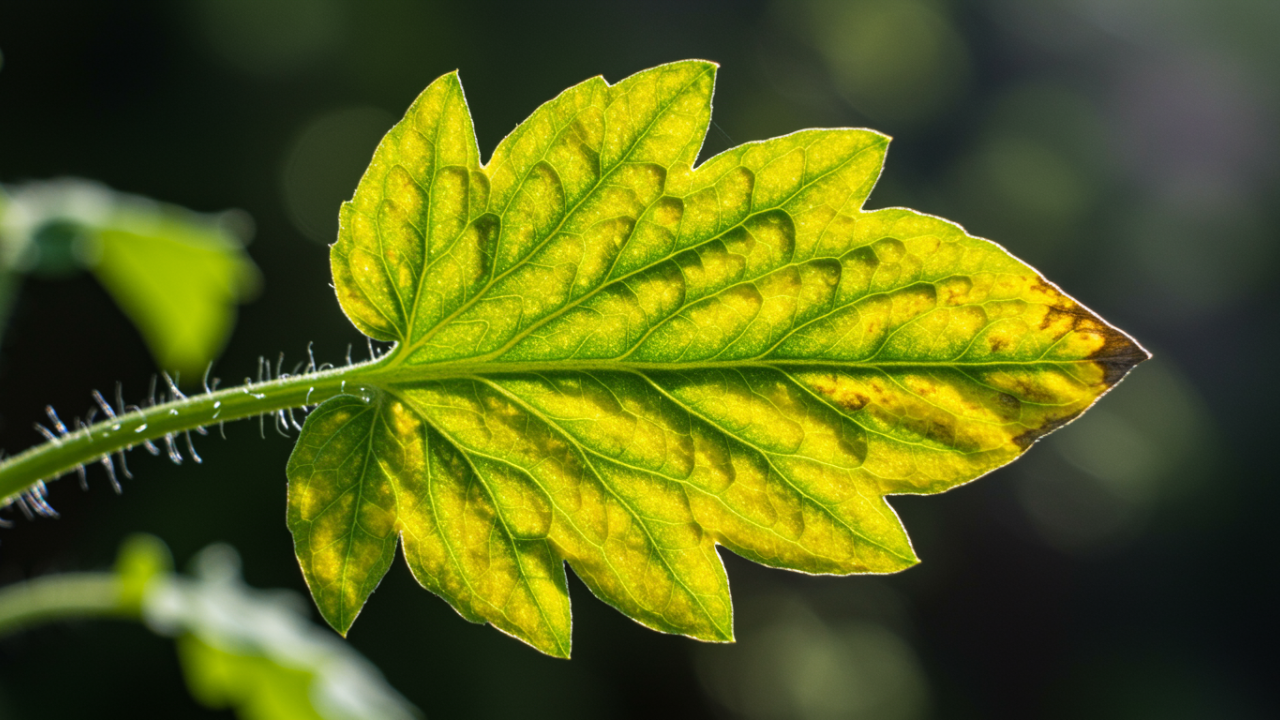 Yellow plant leaf with green veins showing signs of nutrient lockout caused by alkaline soil.