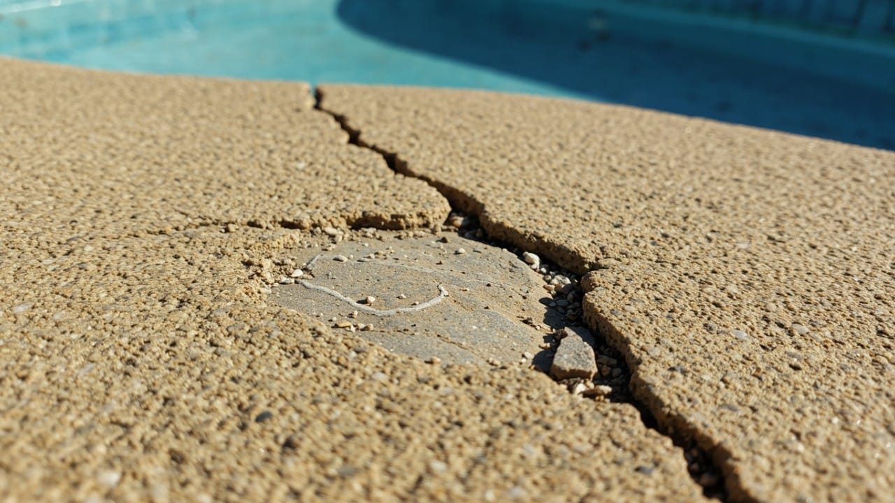 Dry and cracked pebblecrete surface showing pop-outs caused by draining the pool for acid washing.